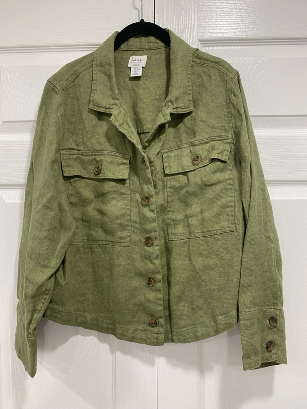 Nicole Miller XL but fits Large 100% Linen Green Utility Button-Front Jacket